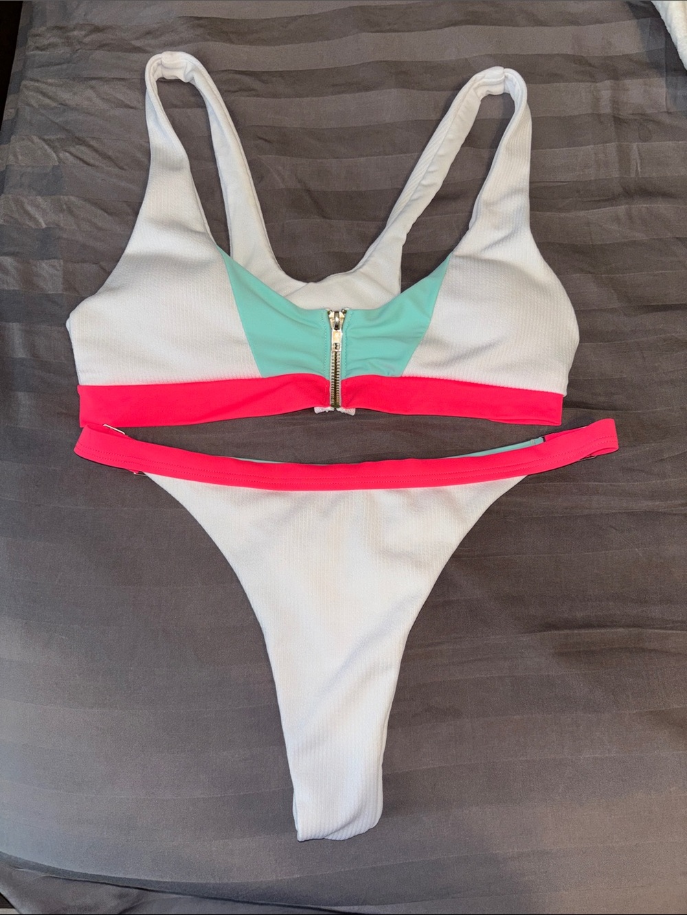 SHEIN White Bikini with Neon Pink Trim and Mint Accent Zip-Front Top